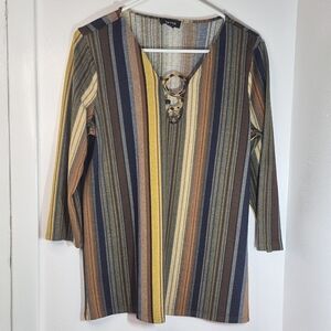 Women's Tacera Pullover Soft Stretchy 3/4 Sleeve Tunic-Type Striped Top Sz M